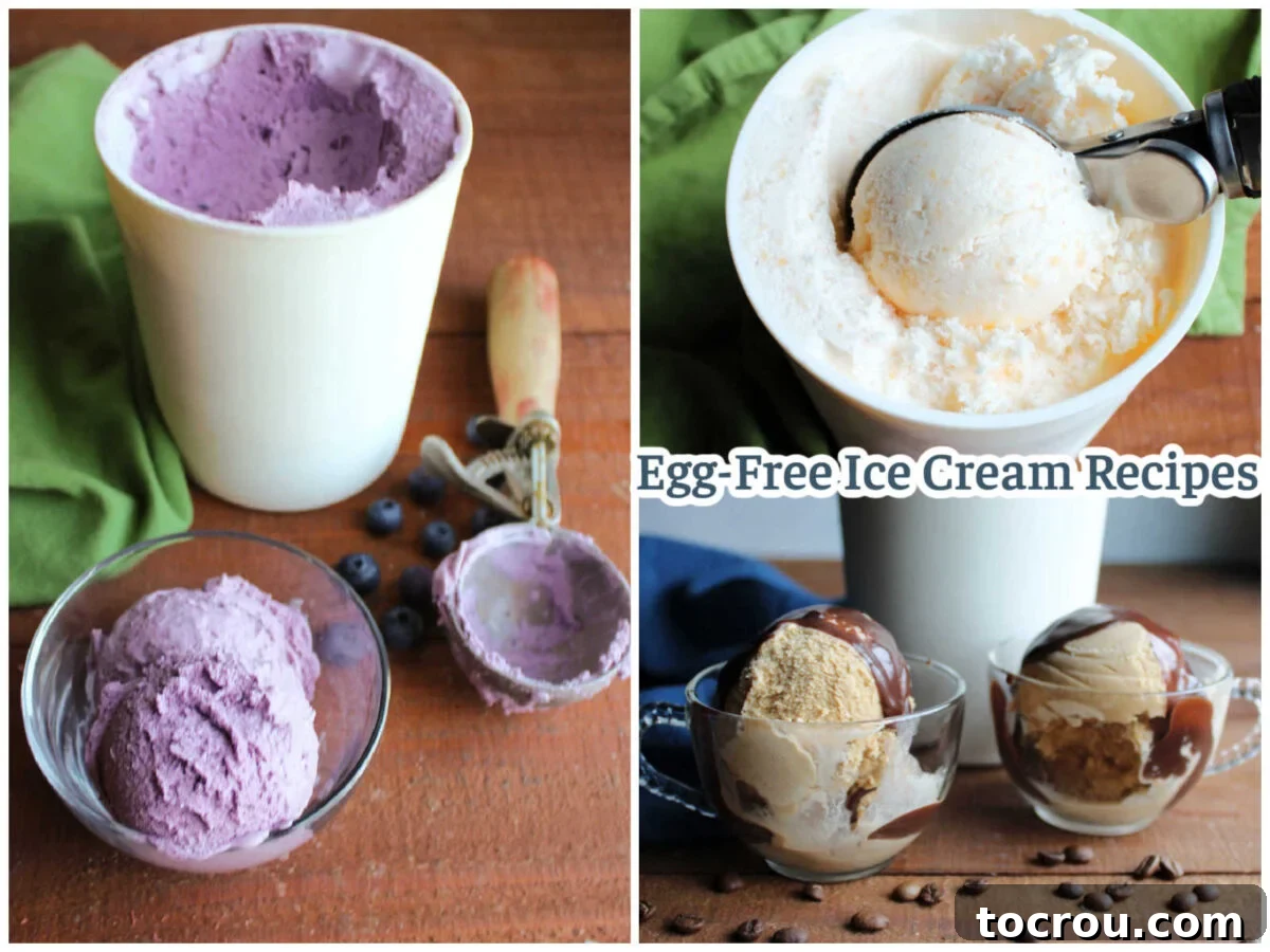A vibrant collage featuring scoops of homemade blueberry ice cream, luscious peach ice cream, and rich coffee ice cream, all proudly made without eggs. Perfect for those seeking egg-free dessert options.