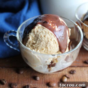 Small glass coffee cup filled with homemade coffee ice cream with hot fudge sauce on top and coffee beans scattered around.