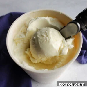 Scooping out a ball of vanilla ice cream from the storage container.