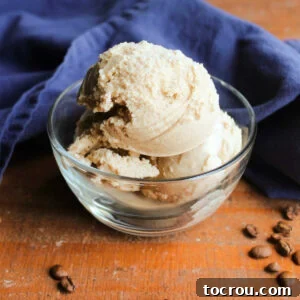 Small glass bowl filled with homemade vietnamese coffee ice cream, ready to eat.
