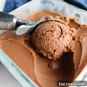 ice cream scoop dipping out first ball of chocolate peanut butter nice cream, showing creamy texture and deep chocolate brown color.