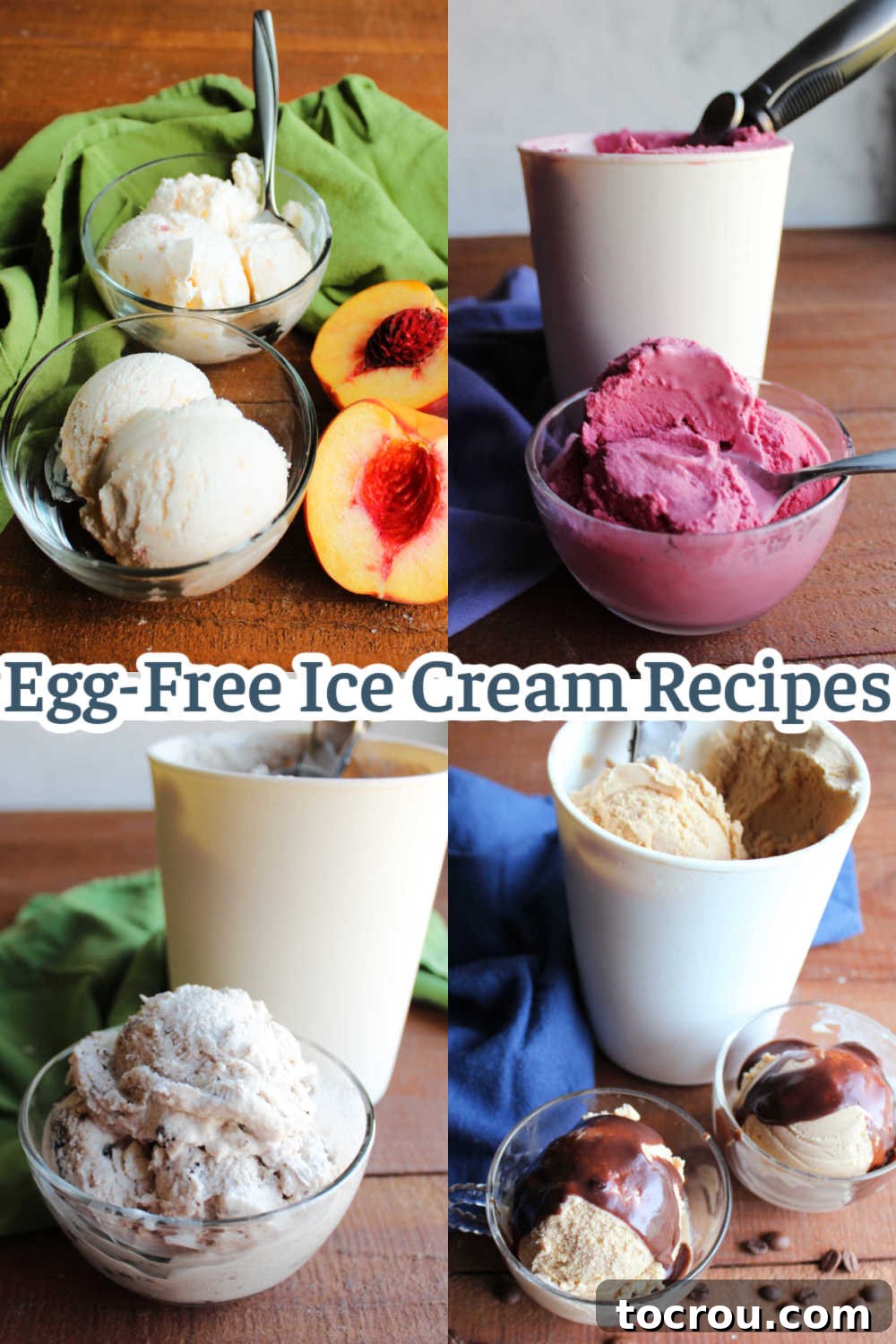 A collage of delicious egg-free ice cream creations, including creamy peach ice cream, rich blackberry ice cream, decadent coffee ice cream, and classic cookies and cream ice cream.