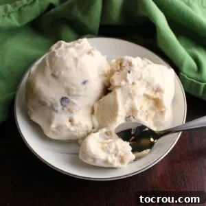 Small bowl of homemade cookie dough ice cream with bite of ice cream on spoon, ready to eat.