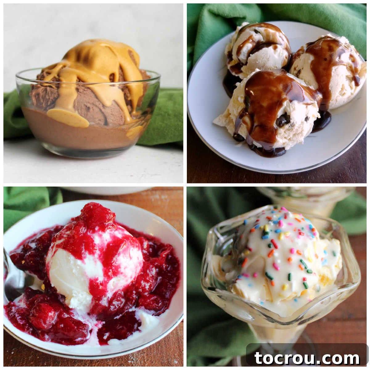 Collage of images including chocolate ice cream with homemade peanut butter magic shell, ice cream topped with homemade hot fudge, ice cream topped with funfetti magic shell, and ice cream topped with warm orange cranberry sauce.