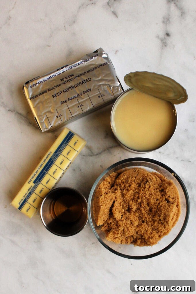 Ingredients for Caramel Condensed Milk Frosting Ingredients ready to be made into caramel condensed milk frosting.