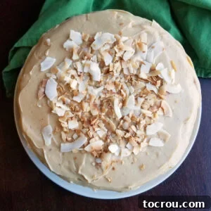 Top of round layered cake covered with creamy caramel condensed milk frosting and large flakes of coconut.