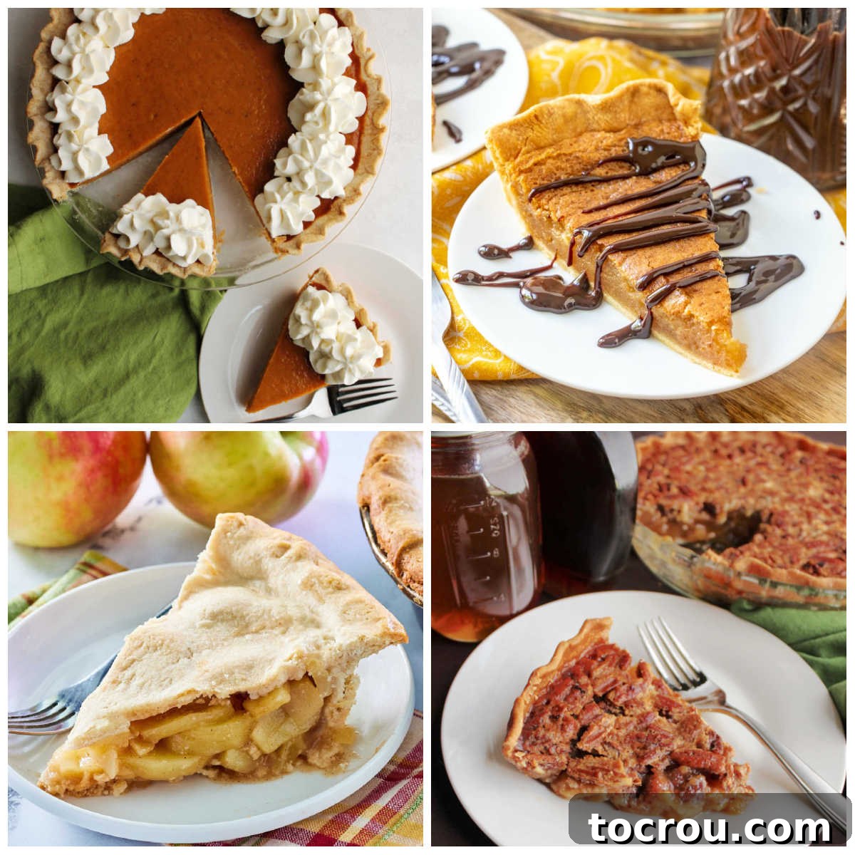 Collage of various Thanksgiving pies including pumpkin pie, peanut butter pie, apple pie, and maple pecan pie, showcasing festive holiday desserts.