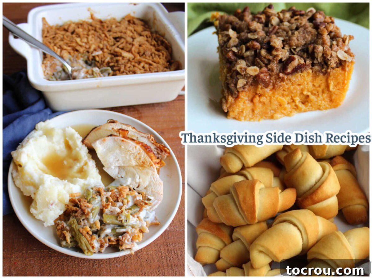 Feast Worthy Thanksgiving Sides 2 A Thanksgiving dinner collage featuring a beautifully roasted turkey, classic green bean casserole, creamy mashed potatoes with gravy, a sweet potato casserole, and warm homemade crescent rolls. This visual feast perfectly encapsulates the rich culinary traditions of the holiday.