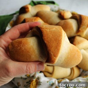 Feast Worthy Thanksgiving Sides 12 A hand gently holding a golden-brown sourdough crescent roll, showcasing its perfectly baked, slightly crisp exterior and inviting texture.