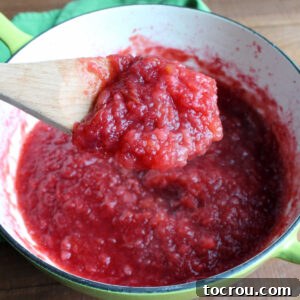 Feast Worthy Thanksgiving Sides 24 A wooden spoon generously filled with rich red cranberry applesauce, suspended over a simmering pot of the delicious homemade sauce, ready for tasting.