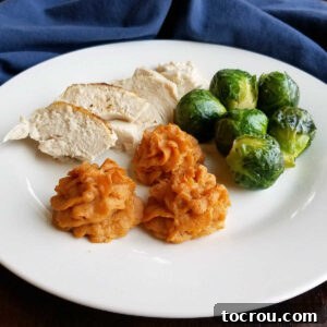 Feast Worthy Thanksgiving Sides 26 A dinner plate elegantly arranged with succulent slices of roast chicken, vibrant roasted Brussels sprouts, and three beautifully piped, ruffled Duchess sweet potatoes.