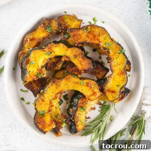 Feast Worthy Thanksgiving Sides 29 A inviting plate showcasing beautifully roasted acorn squash slices, adorned with fresh herbs and a generous sprinkle of Parmesan cheese.