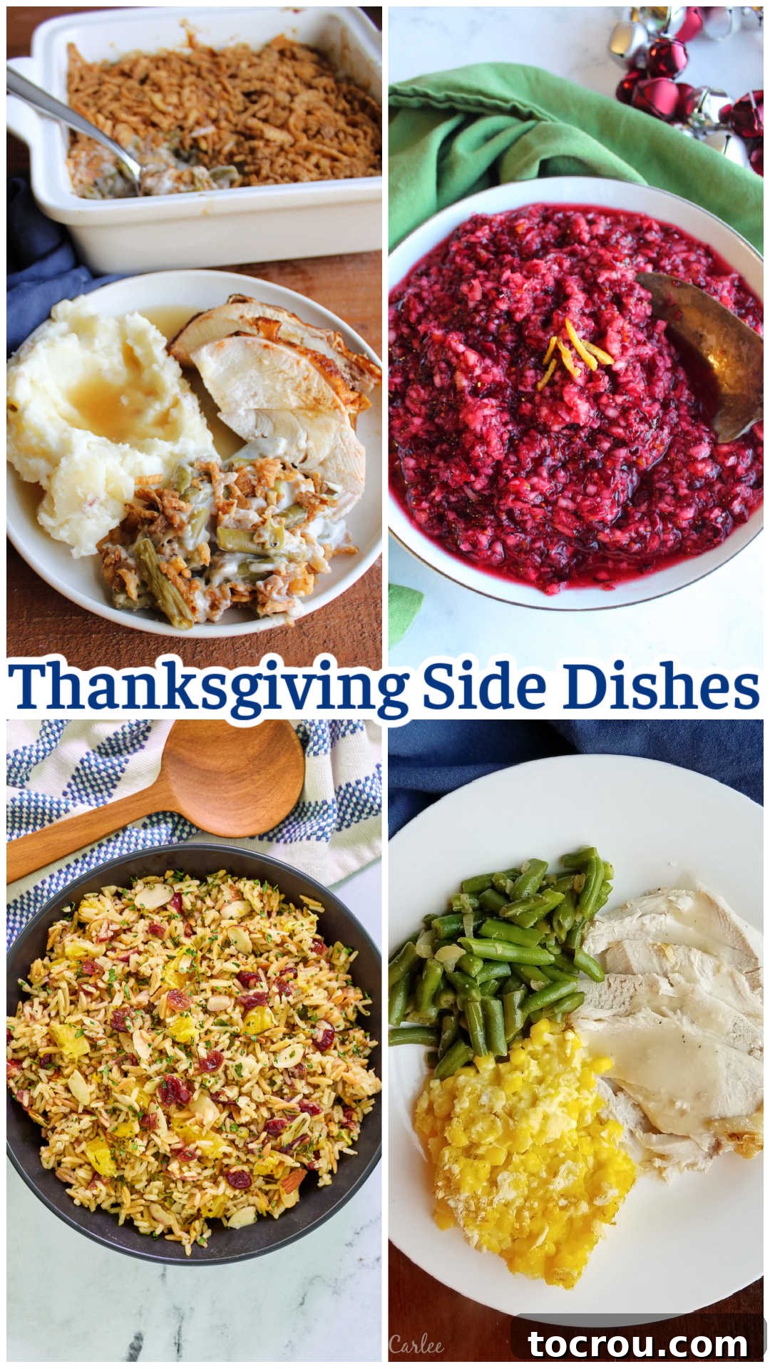 Feast Worthy Thanksgiving Sides 33 A vibrant collage depicting a complete Thanksgiving feast, including a roast turkey dinner with mashed potatoes, gravy, and green bean casserole. Also featured are fresh cranberry relish, an aromatic orange cranberry rice pilaf, and another turkey dinner scene highlighting green beans and scalloped corn. This collection of images captures the rich diversity of a traditional holiday meal.