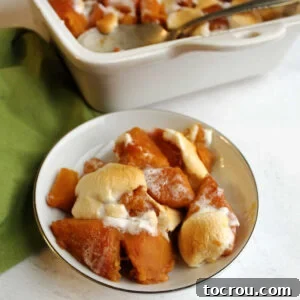 Feast Worthy Thanksgiving Sides 7 A small dish of glistening candied sweet potatoes with toasted marshmallows, placed in front of the larger baking pan, inviting a taste of this classic holiday side.