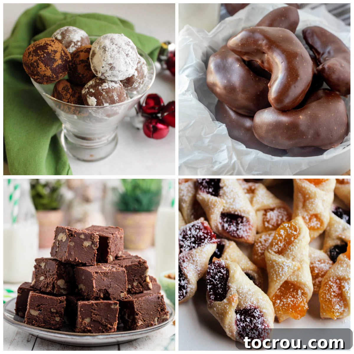 Heirloom Holiday Baking: From Grandma's Cookbook 2 A festive collage showcasing beloved holiday treats: rum balls, fudge-dipped crescent cookies, rich fantasy fudge, and classic kolacky cookies. Each item is beautifully arranged, ready to evoke sweet memories.
