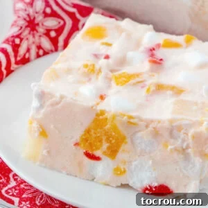 Heirloom Holiday Baking: From Grandma's Cookbook 18 A close-up slice of our delightful frozen fruit salad, clearly showcasing vibrant pieces of fruit and fluffy marshmallows nestled within a creamy, peach-colored frozen mixture.