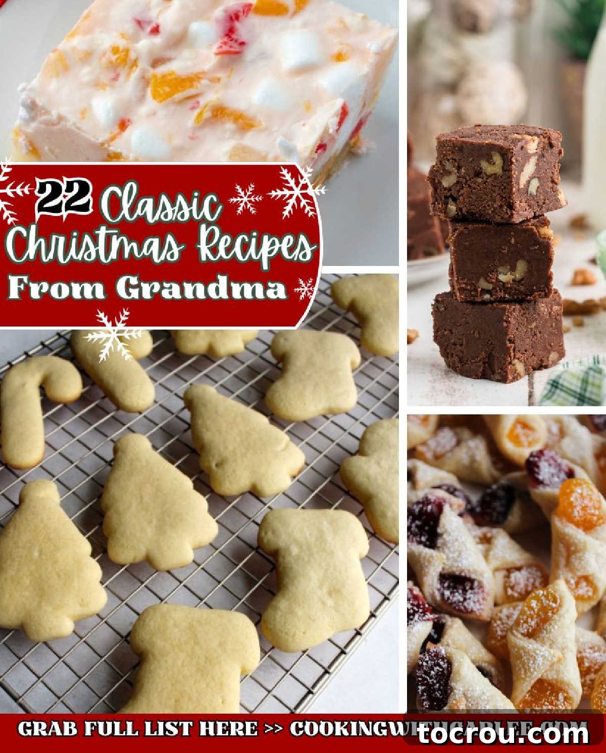 Heirloom Holiday Baking: From Grandma's Cookbook 25 Another vibrant collage of holiday treats, including a refreshing frozen fruit salad, rich fudge, delicate kolacky cookies, and charming decorated sugar cookies. A perfect festive spread.