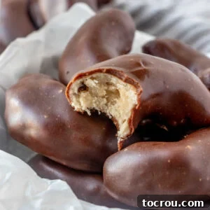 Heirloom Holiday Baking: From Grandma's Cookbook 5 A delicious pecan crescent cookie with a bite taken out, revealing its dense, buttery interior and a luscious coating of rich chocolate fudge.