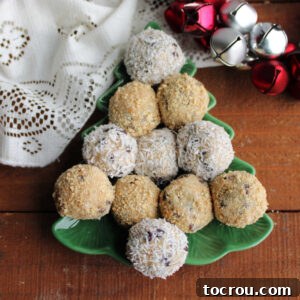 31 Sweet Homemade Treats 22 A small Christmas tree-shaped plate overflowing with homemade moose farts candies, some coated in graham cracker crumbs and others in finely shredded coconut.