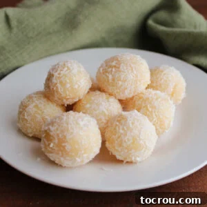31 Sweet Homemade Treats 26 A plate of round coconut condensed milk candies, each rolled in finely shredded coconut and ready to eat.