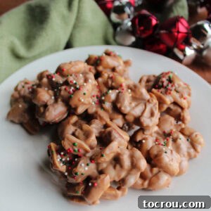 31 Sweet Homemade Treats 32 A plate of festive chocolate peanut clusters, topped with colorful Christmas sprinkles and ready to eat.