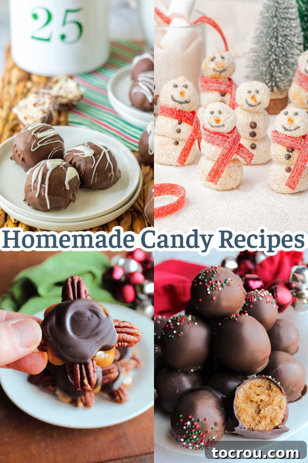 31 Sweet Homemade Treats 34 A charming collage featuring festive Martha Washington candies, adorable snowman truffles, decadent Nutter Butter balls, and classic homemade turtles, perfect for holiday treats.