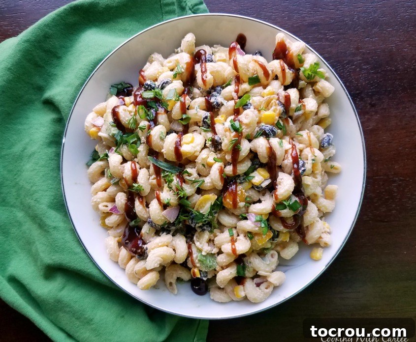 BBQ Ranch Macaroni Salad ready to be served bowl of bbq macaroni salad ready to eat.