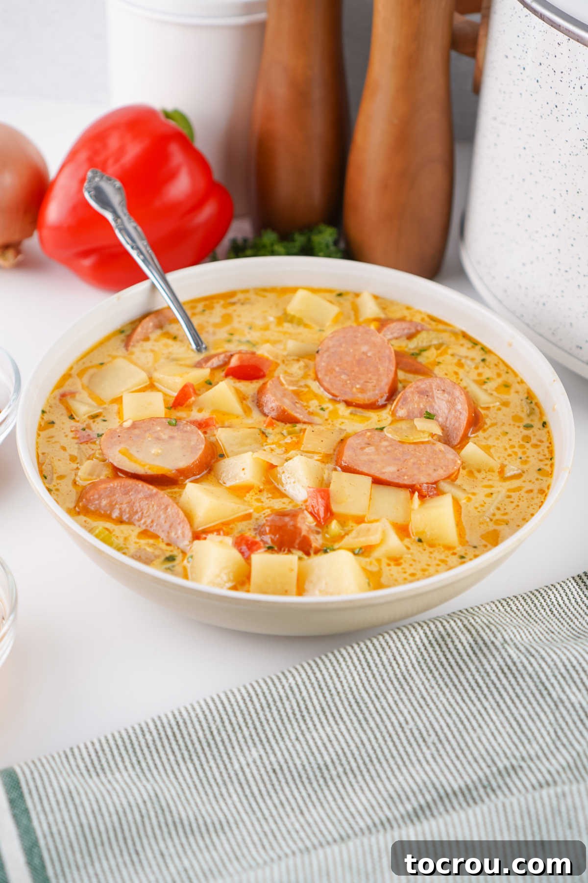 Bowl of creamy cajun potato chowder, ready to eat. 