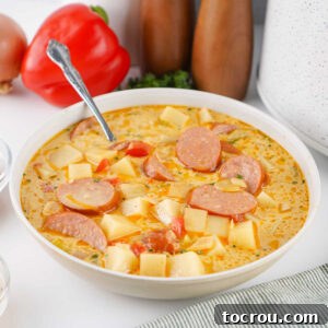 Bowl of Cajun potato soup with chunks of potato and andouille sausage in creamy broth.