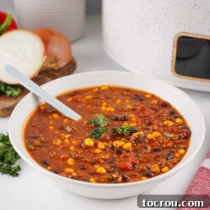 Bowl of crockpot cowboy soup with tomato and BBQ sauce base with ground beef, beans, and veggies inside.