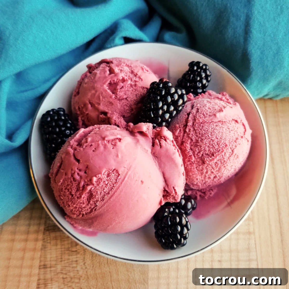Sweet, smooth, creamy and full of fresh blackberry flavor! Summer just got a new favorite treat... blackberry ice cream! bowl with big beautiful scoops of blackberry ice cream and some fresh blackberries on top.