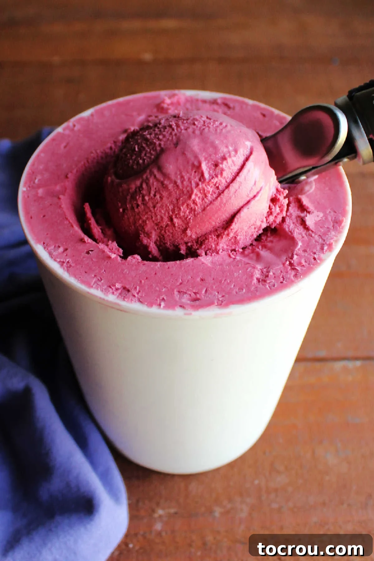 Midnight Berry Indulgence 10 Ice cream scoop digging into a frozen container filled with purple blackberry ice cream.