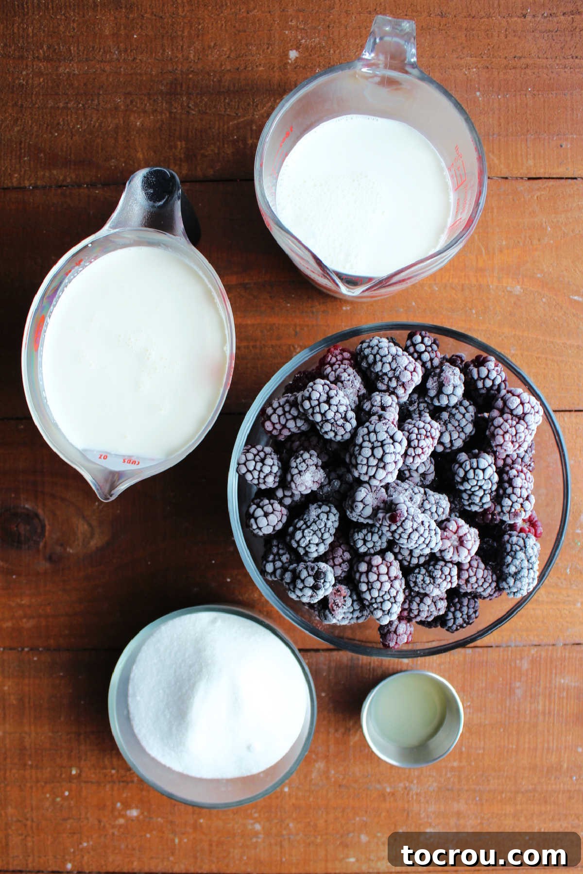 Midnight Berry Indulgence 4 Ingredients including frozen blackberries, cream, half and half, lemon juice, and sugar ready to be made into ice cream.