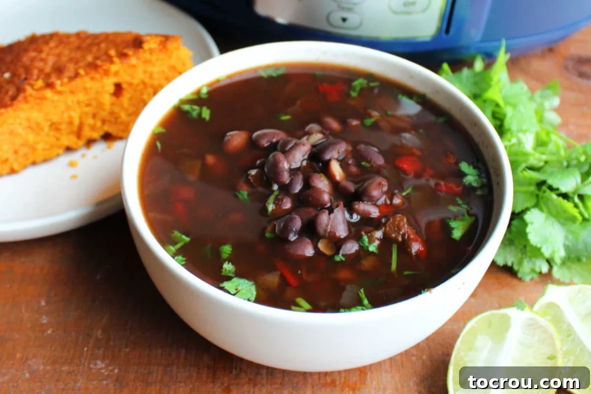 Bowl of black bean soup with bits of red pepper and cilantro in it, ready to eat.