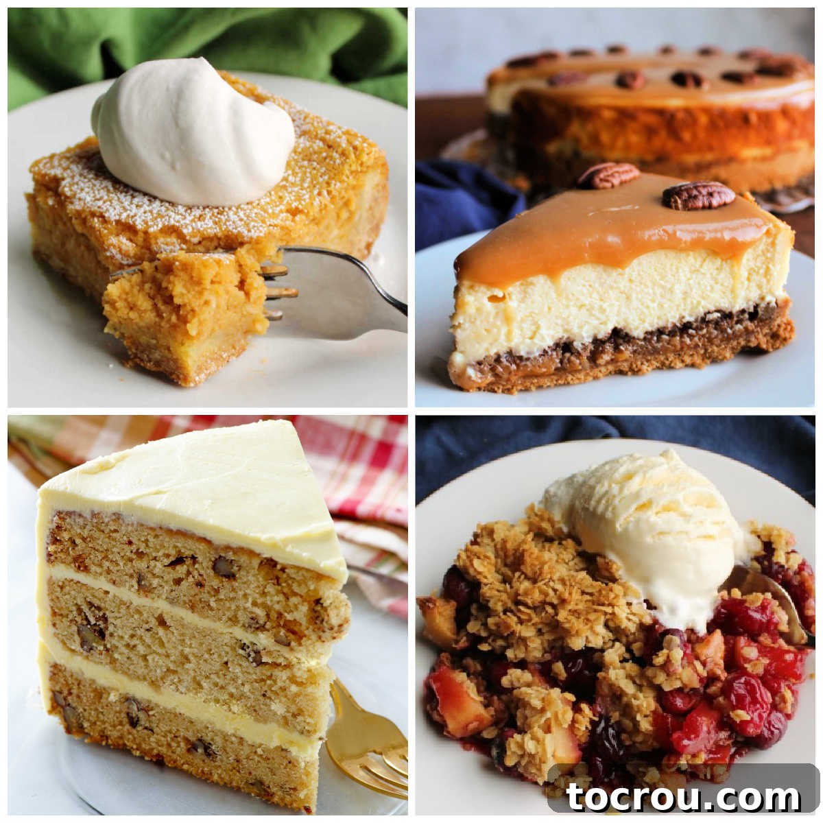 Variety of Thanksgiving Desserts A vibrant collage showcasing an array of tempting non-pie Thanksgiving desserts, including pumpkin gooey butter bars, caramel pecan cheesecake, maple pecan layer cake, and cranberry apple crisp, set against a festive autumn backdrop.