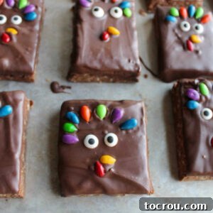 Turkey Rice Krispie Treats Playful turkey-decorated Rice Krispie treats, complete with colorful sunflower seed tail feathers, a charming beak, and a wobbly gobbler, ready for Thanksgiving festivities.