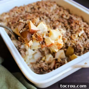 Apple Crisp with Condensed Milk A spoon elegantly scoops out a serving of warm apple crisp with condensed milk, revealing its creamy texture, glossy top, and inviting aroma.