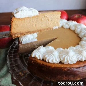 Apple Butter Cheesecake A slice of beautiful tan apple butter cheesecake, elegantly topped with piped whipped cream stars, is being lifted out of the whole cheesecake, revealing its creamy texture.