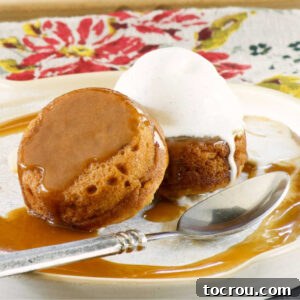 Mini Sweet Potato Cakes Two perfectly portioned mini sweet potato cakes, drizzled generously with sticky caramel sauce and served alongside a scoop of creamy vanilla ice cream.