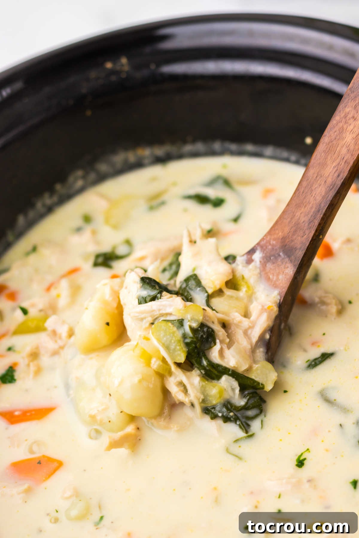 Serving Crockpot Chicken Gnocchi Soup A ladle scooping a generous portion of creamy chicken gnocchi soup directly from the slow cooker, showcasing the rich broth, shredded chicken, and soft gnocchi.