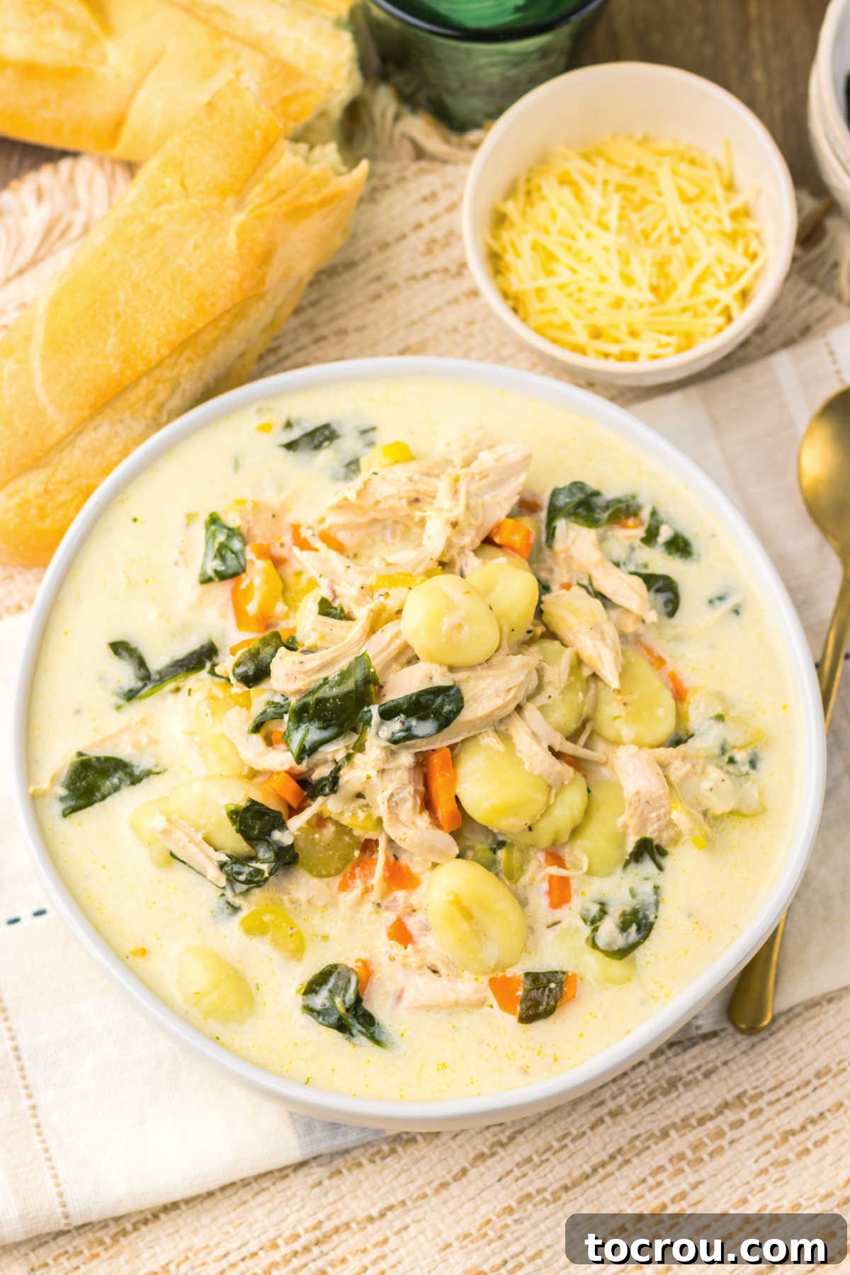 Crockpot Chicken Gnocchi Soup with Sides A bowl of slow cooked chicken gnocchi soup, richly garnished with shredded chicken, gnocchi, spinach, and fresh vegetables in a creamy broth, accompanied by a bowl of Parmesan cheese and a crusty baguette.