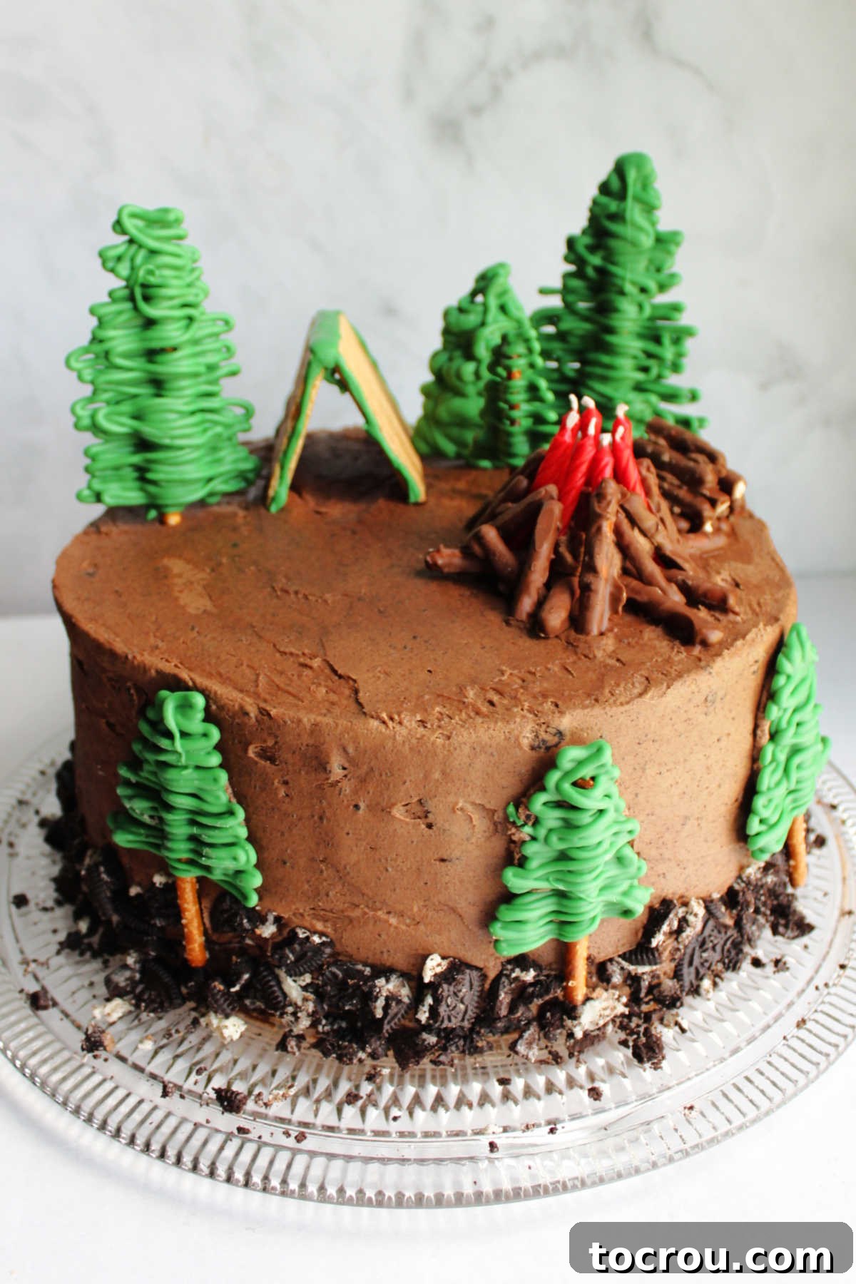 A fun camping cake, serving as a delightful centerpiece for a birthday celebration. A charming camping-themed cake crafted from cookies and cream cake, coated with chocolate Oreo frosting and adorned with whimsical edible camping decorations.