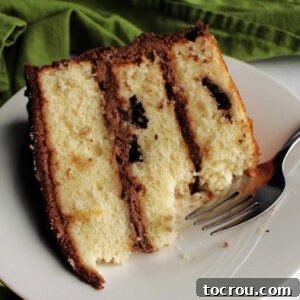 A perfectly frosted slice of cookies and cream cake, ready to delight. Close-up shot of a perfect piece of cookies and cream cake, showcasing moist white cake layers with bits of Oreo throughout, all coated in creamy chocolate frosting.