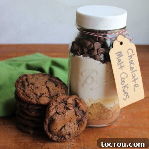 Stack of freshly baked chocolate malt cookies next to a jar of chocolate malt cookie mix with layers of ingredients inside.