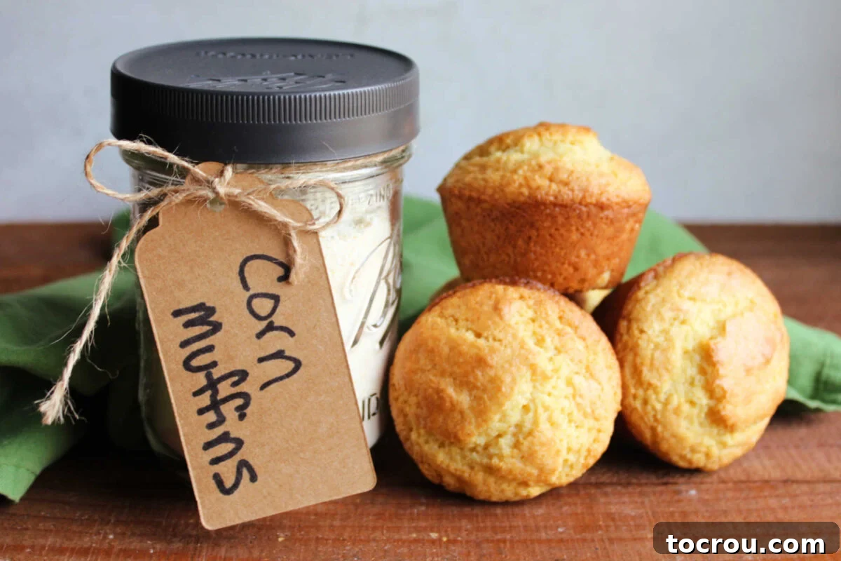 Homemade Corn Muffin Mix in a Jar Pint jar with homemade corn muffin mix inside next to a pile of freshly baked corn muffins with golden edges and soft yellow interiors.