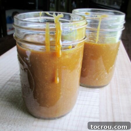Homemade Cajeta Jars Two jars of golden goat's milk cajeta with a drip running down the side of the front jar.