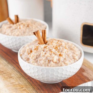 Quick-Fix Creamy Crockpot Rice Pudding 5 Two bowls of creamy rice pudding with cinnamon in front of the slow cooker they were cooked in.