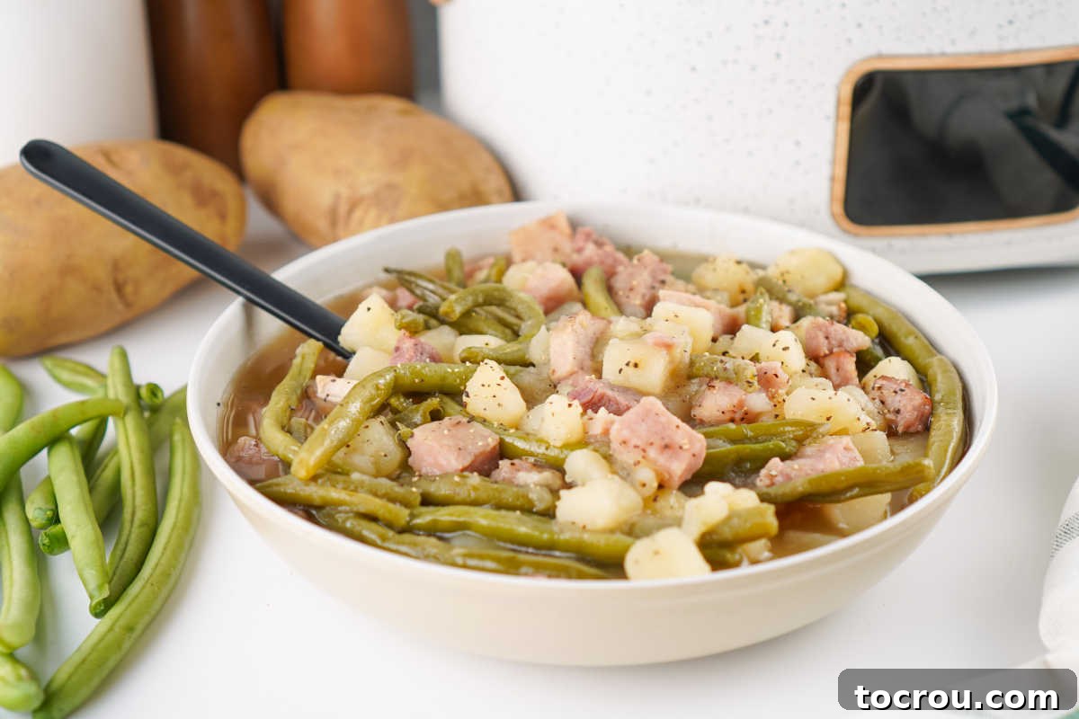 Southern Comfort Slow Cooker Ham Green Beans and Potatoes 2 Bowl of green beans with chunks of ham and potatoes in them in front of the slow cooker that they were cooked in.