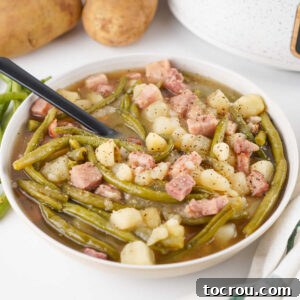 Bowl with a serving of crockpot green beans with ham and potatoes in it, ready to eat.