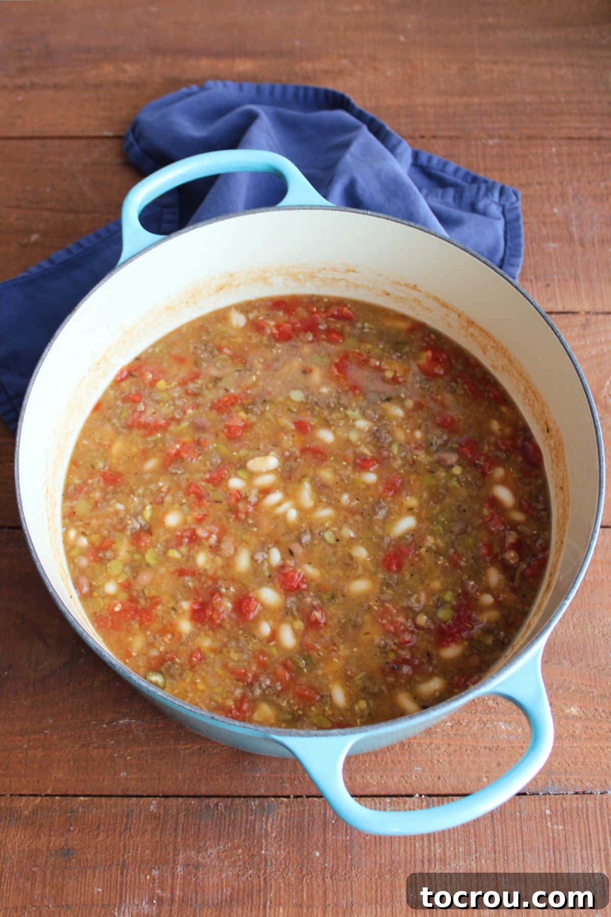Pot of homemade confetti bean soup.